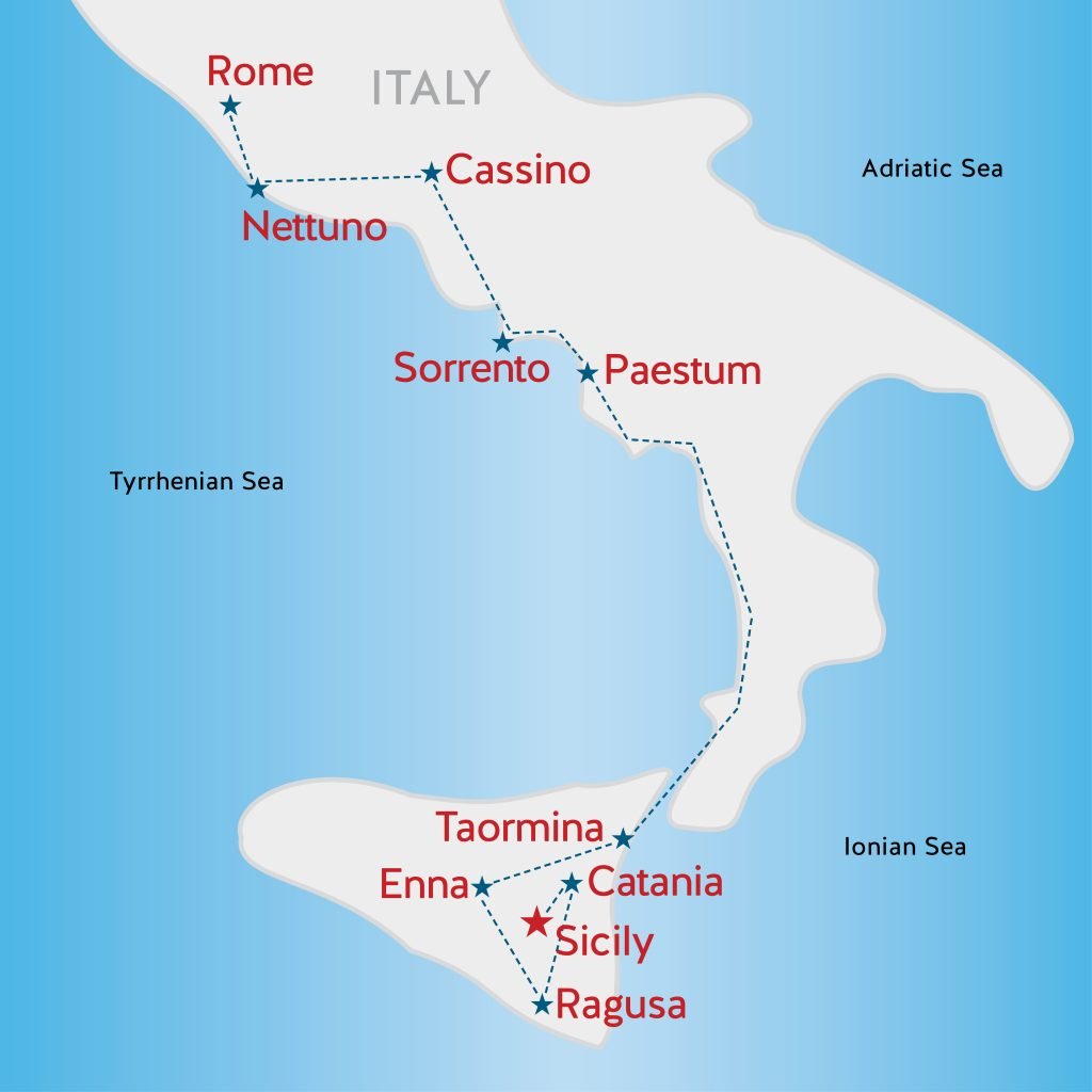 Map of stops on the Italian Campaign tour