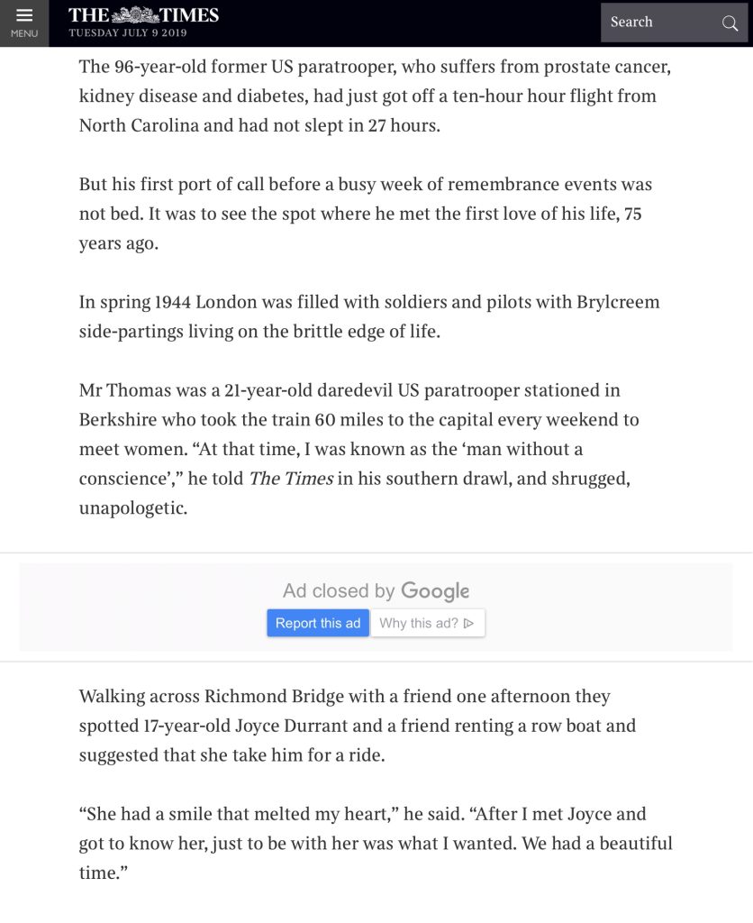 Norwood Thomas article on WWII romance